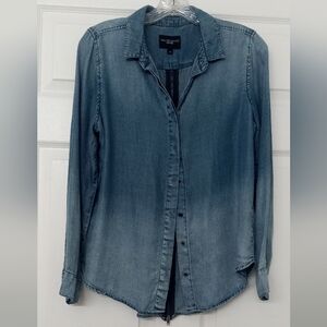 Walter Baker Ombré Blue Denim Back Zip  Up Long Sleeves Gunmetal Button Blouse